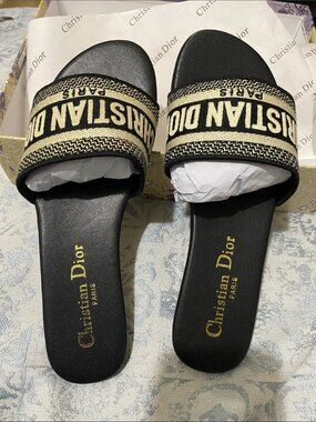 Christian Dior Contrast Border Logo Embroidered Slip On Flat Slide Sandals